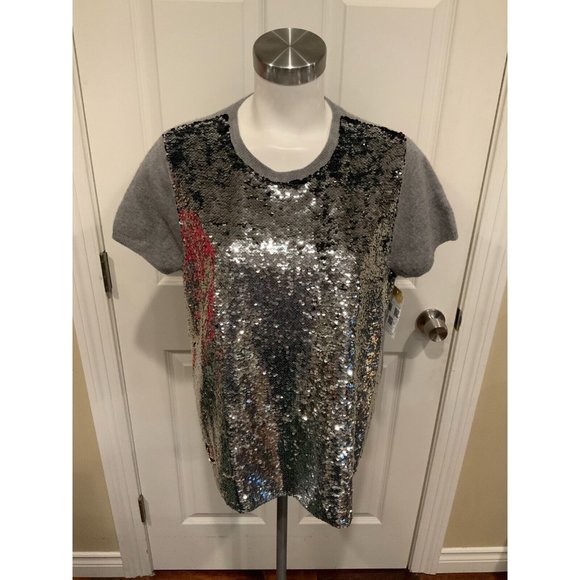 Les Copains Gray Wool Crew Neck Sweater w/ Sequin Front, Sz 16 (US) 50 (EU) - Picture 1 of 7